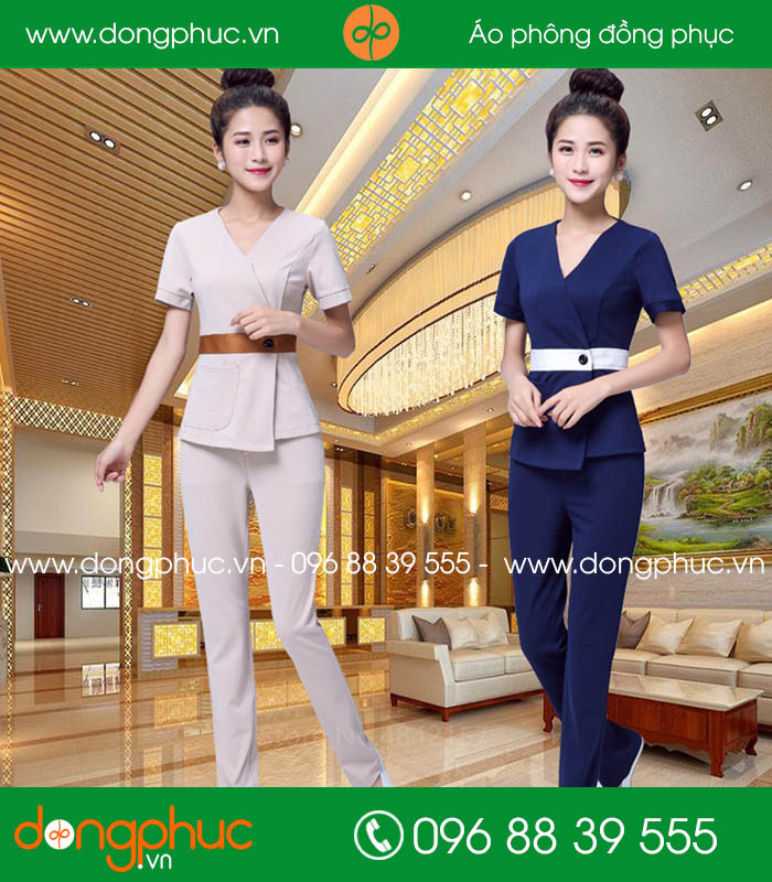 đồng phục spa màu tím than và hồng nhạt